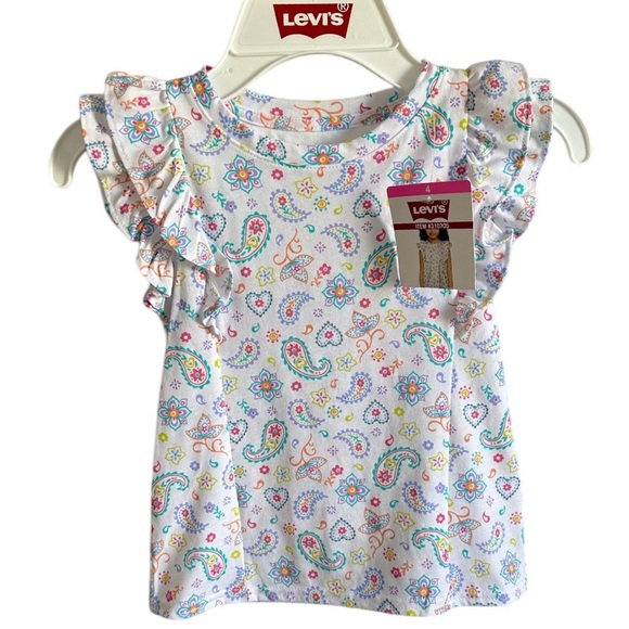 New Levi's Girls Size 4 Colorful Paisley Print Top Ruffle Layered Short Sleeves - Picture 1 of 16